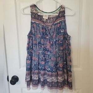 Knox Rose Multicolor Pink Blue Floral Sheer Boho Sleeveless Top M